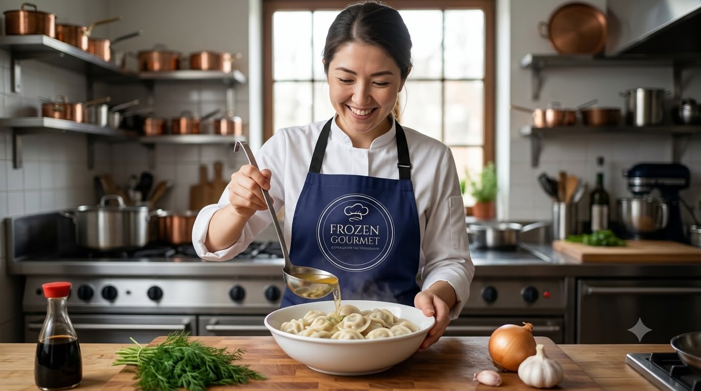 Повар подаёт горячие пельмени Frozen Gourmet